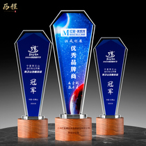 Blue crystal trophy custom creative solid wood authorization card custom excellent employee award photo color printing lettering production