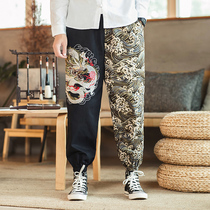 Chinese style pants mens 2021 New Tide embroidery stitching casual pants mens spring and autumn loose bunch feet Haren pants