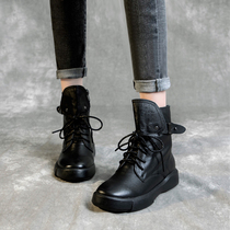 Leather Martin boots ladies autumn and winter models plus velvet short tube flat bottom soft leather shoes soft bottom British boots handmade retro