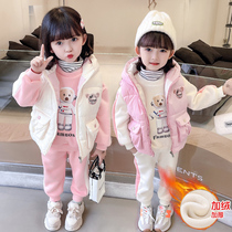 Girls plus velvet padded set autumn and winter 2021 New trending female baby children Net Red childrens winter clothing three-piece set