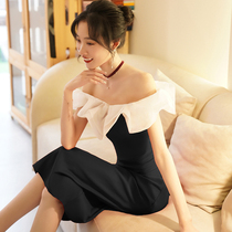 One-shoulder black evening dress skirt female banquet celebrity temperament high-end light luxury niche French high-end can be worn at ordinary times