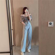 2021 spring and summer new two-piece female Korean slim slim shirt floral top casual straight wide leg pants
