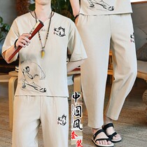 Summer cotton linen suit Male Chinese Wind Leisure short sleeve T-shirt 90% pants Two sets Mens clothes with a set of clothes