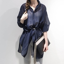 Japan purchase ear east sparrow blue long shirt womens long mid-length spring and autumn loose lazy wind long-sleeved shirt