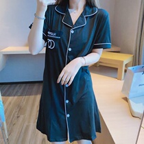 Summer Sleeping Skirt Woman Short Sleeve Thin sexy cardiovert sleeping robe pure color minimalist Korean version cute pyjamas net red home dress