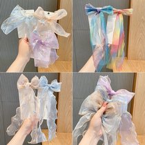 Girls Super Fairy Bow Lengthening Ribbon Korean Childrens Hairband Headwear Net Celebrity Braidable Hair Accessories Top Clip Hairpin