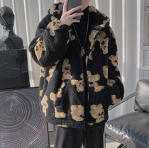 Port Wind Thickened Couples Cartoon Little Bear Cotton Padded Jacket Loose lamb wool coat mens 100 hitch coat tide winters