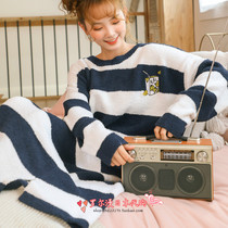 Japan soft honey soft cotton ins autumn and winter long striped nightgown women loose home clothes