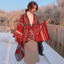 Turkish ethnic wind shawl women with cap thickened warmth Yunnan Tibet travel scarf cape cloak