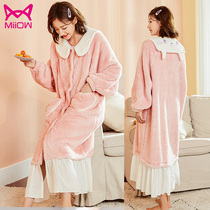 Cat man pajamas female autumn and winter coral velvet padded velvet warm long flannel nightgown home clothes can be worn outside