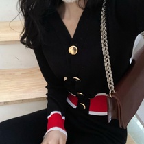 Autumn Winter new Korean version chic self-fit V neckline blouse 100 hitch color long sleeve sweater knit cardiovert jacket woman