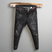 Spring 2021 wear-trend black mens jeans Korean slim-fit small feet Joker thick warm trousers