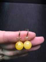18k thick gold butterfly knot inlaid with natural 11mm Chicken Oil Yellow Honey Wax Round Pearl Pendant Woman old stock Amber Earrings