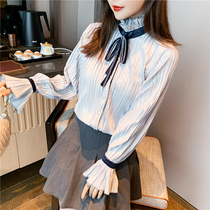 Shirt Woman Design Sensation Small Crowd 2022 Autumn Winter New Palace Wind Retro Vertical Collar Gush Flannel Thickened Long Sleeve Blouse