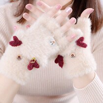 Glove female student Korean cute winter cycling Lady half finger gloves writing thickened plus velvet autumn warm day