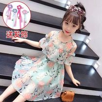 Girls Chiffon dress summer 2021 new Korean version off-the-shoulder big child foreign style skirt girl floral princess dress