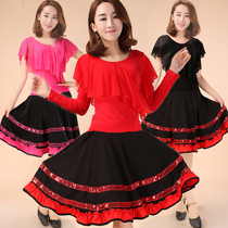 Spring and summer new square dance clothing long-sleeved Latin dance suit large skirt suit female performance dance practice suit