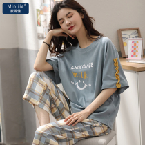 2021 new pajamas womens summer pure cotton short-sleeved three-point pants Korean summer thin models can be worn outside home clothes