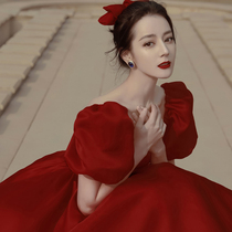 Toast dress bride summer red satin high-set fairy engagement dress French evening dress female large size fat mm