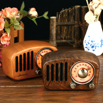  Bluetooth walnut wooden small speaker radio Retro portable mini small audio Home outdoor subwoofer Car plug-in card Computer portable FM radio player Small subwoofer