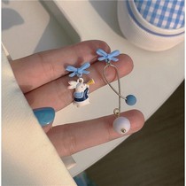 Blue Butterfly Knot Earrings ~ Cute Sweet And Rabbit Asymmetrical Earrings ins2021 New Tide Ear Accessories Womens Ear Clip