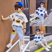 Boy denim shorts suit 2022 Summer new foreign air children baby short sleeve compassionate two sets of thin wave