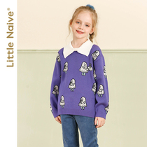 LittleNaive childrens clothing girl knitwear spring and autumn lapel knitwear small childrens pullover foreign sweater