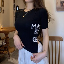 celine pianna short sleeve T-shirt female summer 2021 new Korean version of the body alphabet printed open fork blouses
