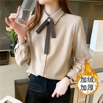 Shirt Woman Long Sleeve Spring Autumn Winter 2022 New Embroidered Butterfly Knots Frosted Wool Plus Suede Thickened Retro Shirt