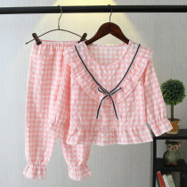 Spring and Autumn Childrens Pajamas Pure Cotton Long-sleeved Suit Girls Baby Plaid Bloom Pants Princess Homewear Thin Section