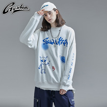 GUUKA Tide brand street graffiti clothes male cotton students hip-hop printing cotton white round neck clothes loose