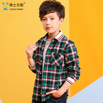 Boy Clothing Boy Long Sleeve Plaid Shirt Pure Cotton Children Spring And Autumn Mill Wool lining Han version Tide Medium Boy Mills 15 years old