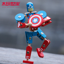 Wooden play family Avengers Alliance Wooden assembly deformation robot doll Spider-man hand-made Black Panther Falcon toy