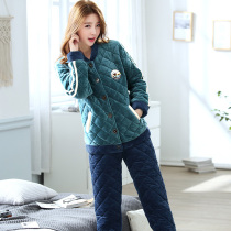 Coral velvet cotton pajamas womens autumn and winter thickened velvet triple layer warm cotton cardigan flannel home suit