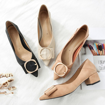 Pointed single shoes womens medium heel 2020 new summer frosted suede fashion wild square buckle shallow mouth thick heel high heels