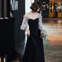 Black evening dress woman 2022 new long-sleeved high-quality sensory annual host art test piano