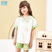 Colorful Bridge Childrens Pajamas Girls Summer Cotton Short Sleeve Thin Mid-Big Girl Princess Summer Home Clothes Set