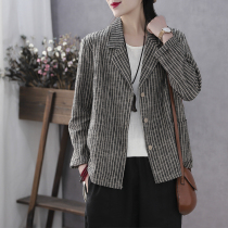 Han Suoyi retro art spring and autumn new cotton linen coat women vertical striped coat women slim small suit outside
