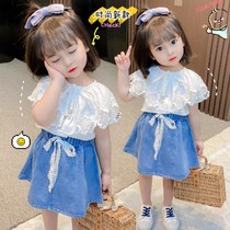 2021 summer Girls short sleeve short skirt suit Sweet cute simple Korean pearl shirt denim skirt 2 sets