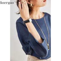 Triacetate fabric 2021 Autumn New abstinence goddess temperament silky nude sense round neck thin T-shirt shirt tide