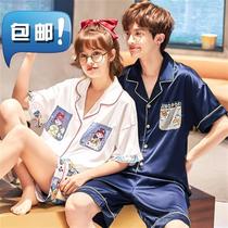 Couple pajamas female summer silk 03 thin short-sleeved summer mens home clothing silk cartoon girl two-piece suit