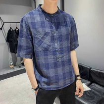 Hemp shirt men thin short sleeve summer 2020 new plaid shirt Korean trend handsome casual top