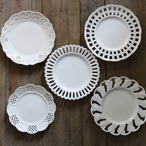 W1962 European French style ceramic white hollowed-out solid relief elegant petal dinner plate sweet pint 8 inch tray