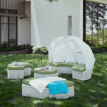 Outdoor rattan sofa villa courtyard leisure rattan bed with tarpaulin shade round bed coffee table combination creative lazy