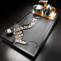 Tea table automatic kettle integrated drainage type black gold stone tea table solid wood tray light luxury household living room set