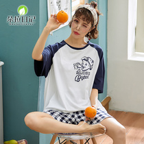 Womens sleepwear summer short sleeves pure cotton cute thin section Students Korean version Cartoon Plaid Shorts Home Conserved Two Sets