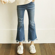 Girls burrs tide jeans spring and autumn 2021 Korean version of broken hole washing foreign air air flared trousers