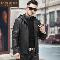 ROADMAKER autumn new imported deerskin leather coat mens leather clip hooded casual short slim thin coat