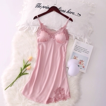 Japanese lace sling nightgown womens new summer ultra-thin ice silk sexy belt chest pad private pajamas home clothes