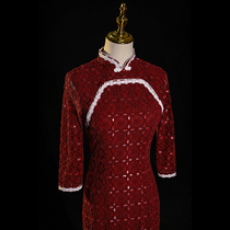Red lace cheongsam 2021 new mother dress wedding banquet long old Shanghai Chinese style dress autumn
